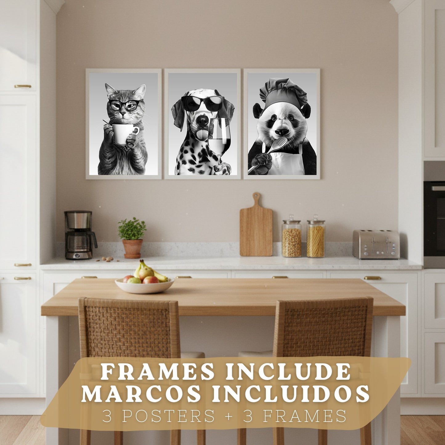 Set de 3 Láminas Animales Divertidos Blanco y Negro Cuadros Cocina Gato Dálmata y Panda Chef Póster Decoración Pared