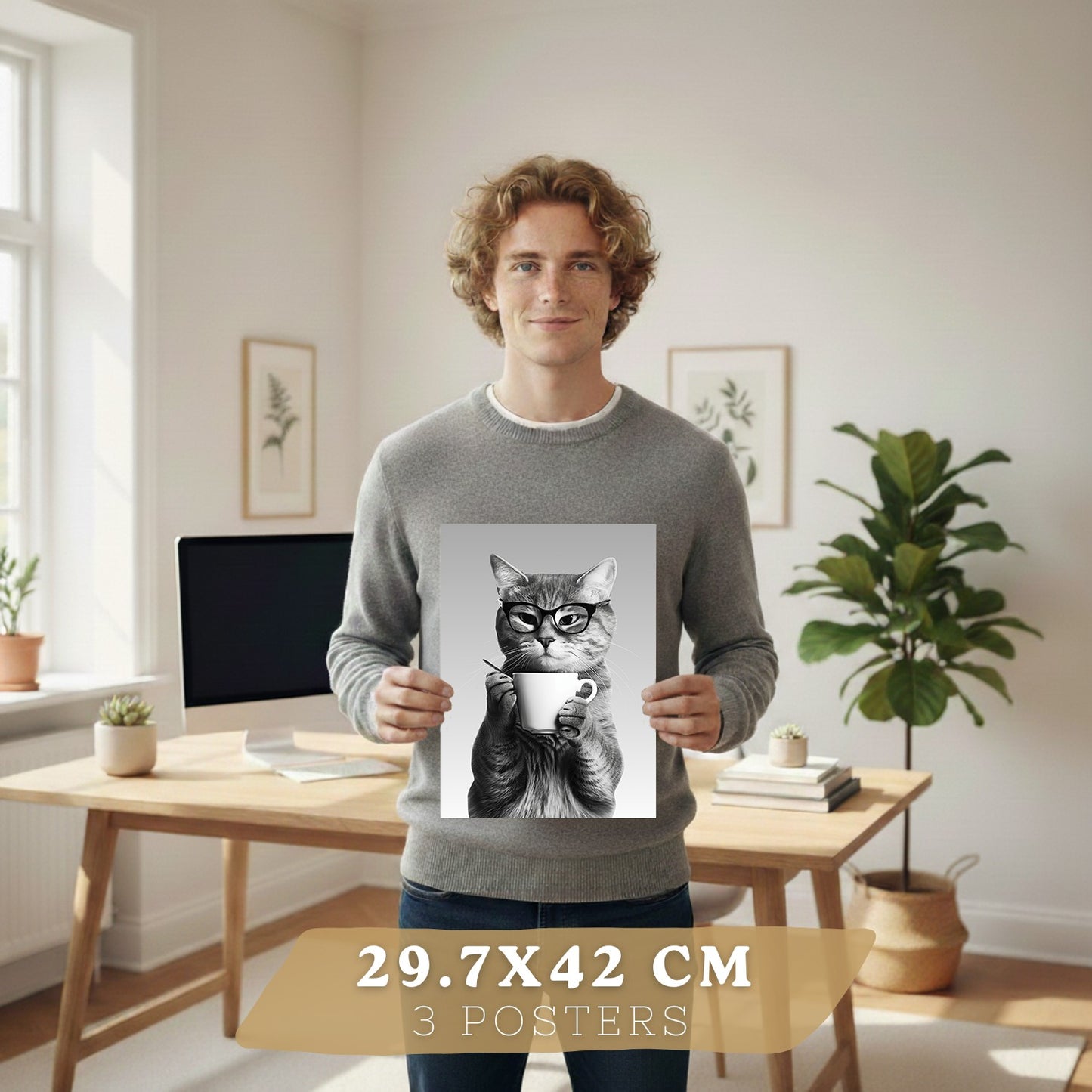 Set de 3 Láminas Animales Divertidos Blanco y Negro Cuadros Cocina Gato Dálmata y Panda Chef Póster Decoración Pared