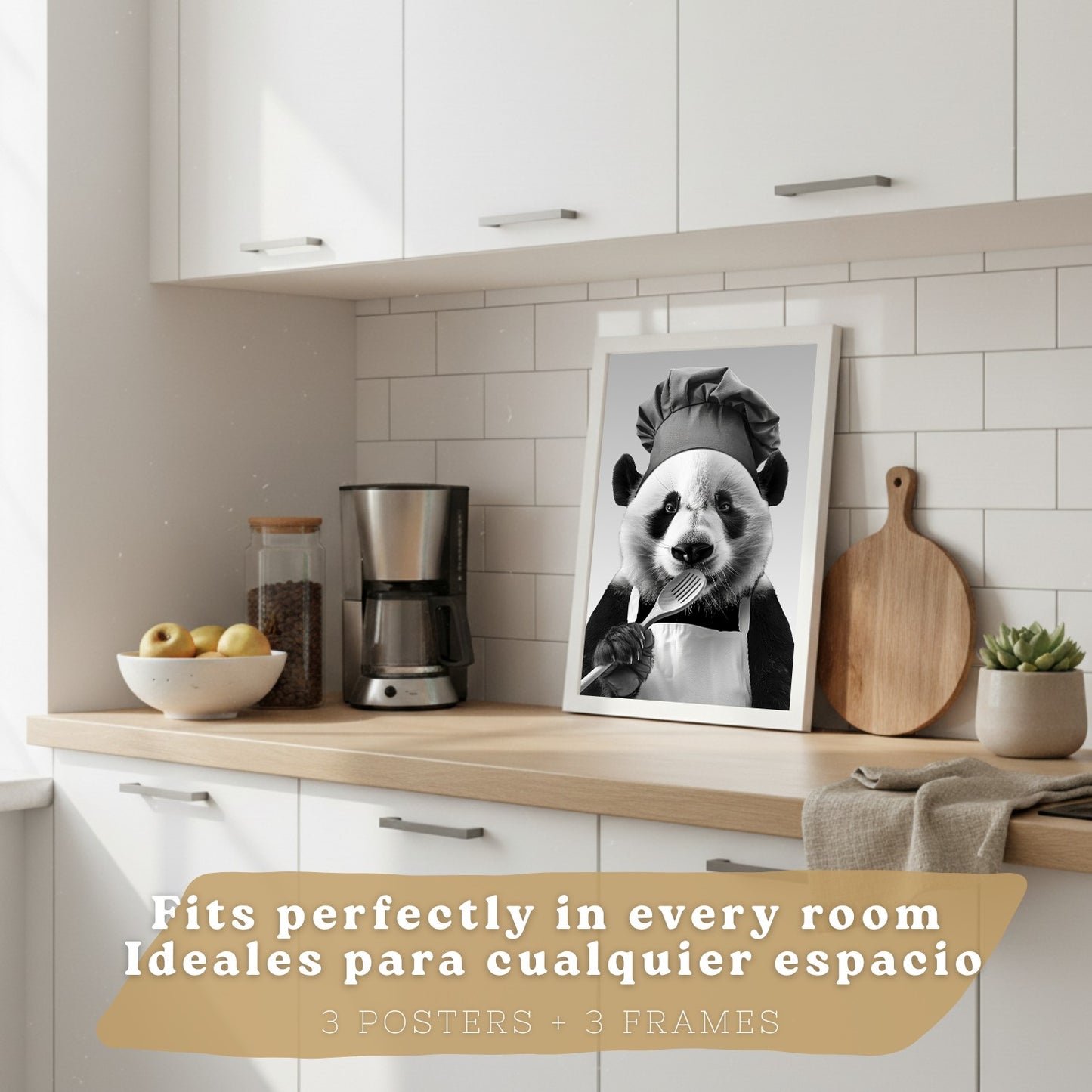 Set de 3 Láminas Animales Divertidos Blanco y Negro Cuadros Cocina Gato Dálmata y Panda Chef Póster Decoración Pared