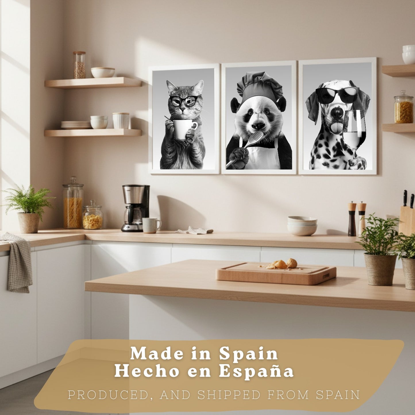 Set de 3 Láminas Animales Divertidos Blanco y Negro Cuadros Cocina Gato Dálmata y Panda Chef Póster Decoración Pared