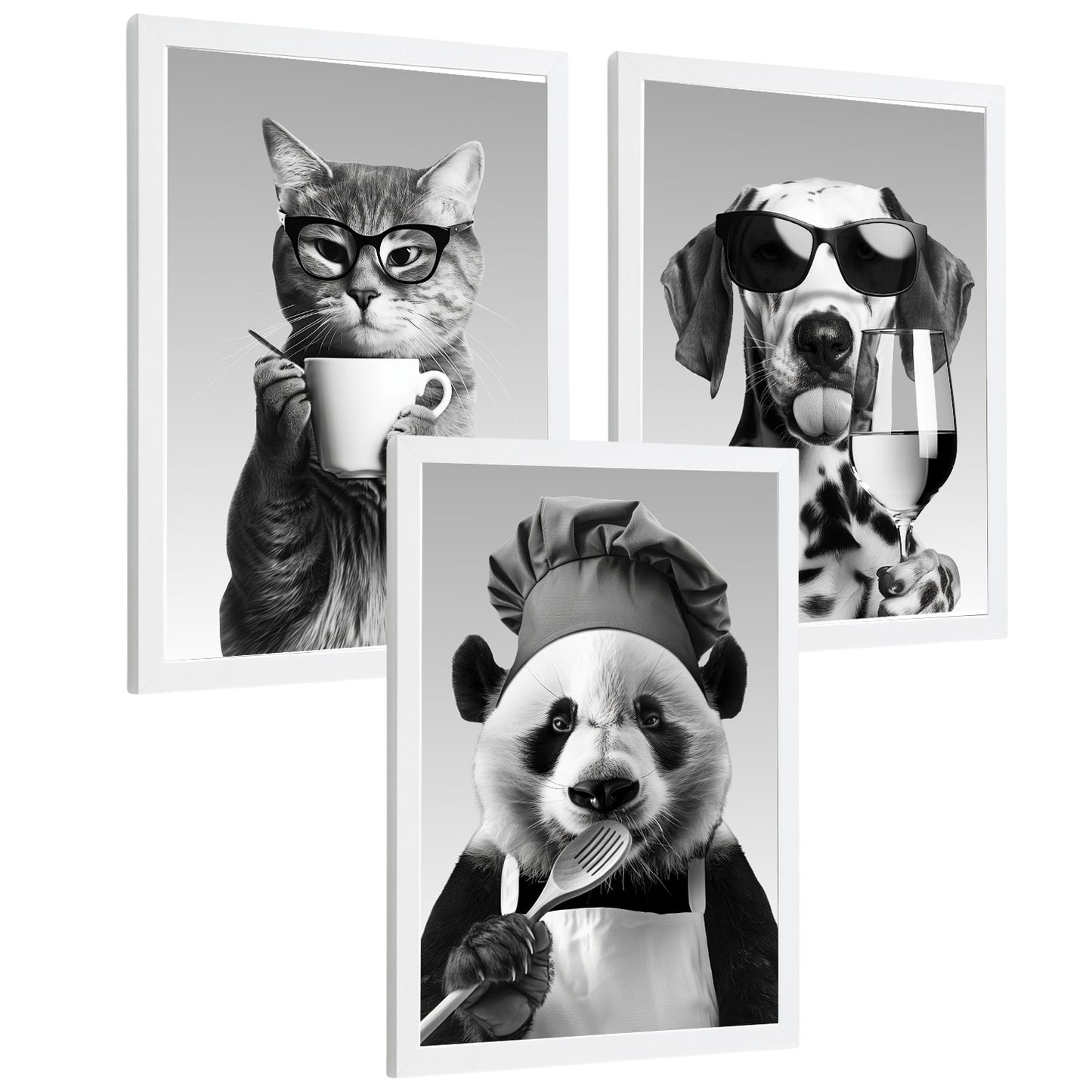Set de 3 Láminas Animales Divertidos Blanco y Negro Cuadros Cocina Gato Dálmata y Panda Chef Póster Decoración Pared