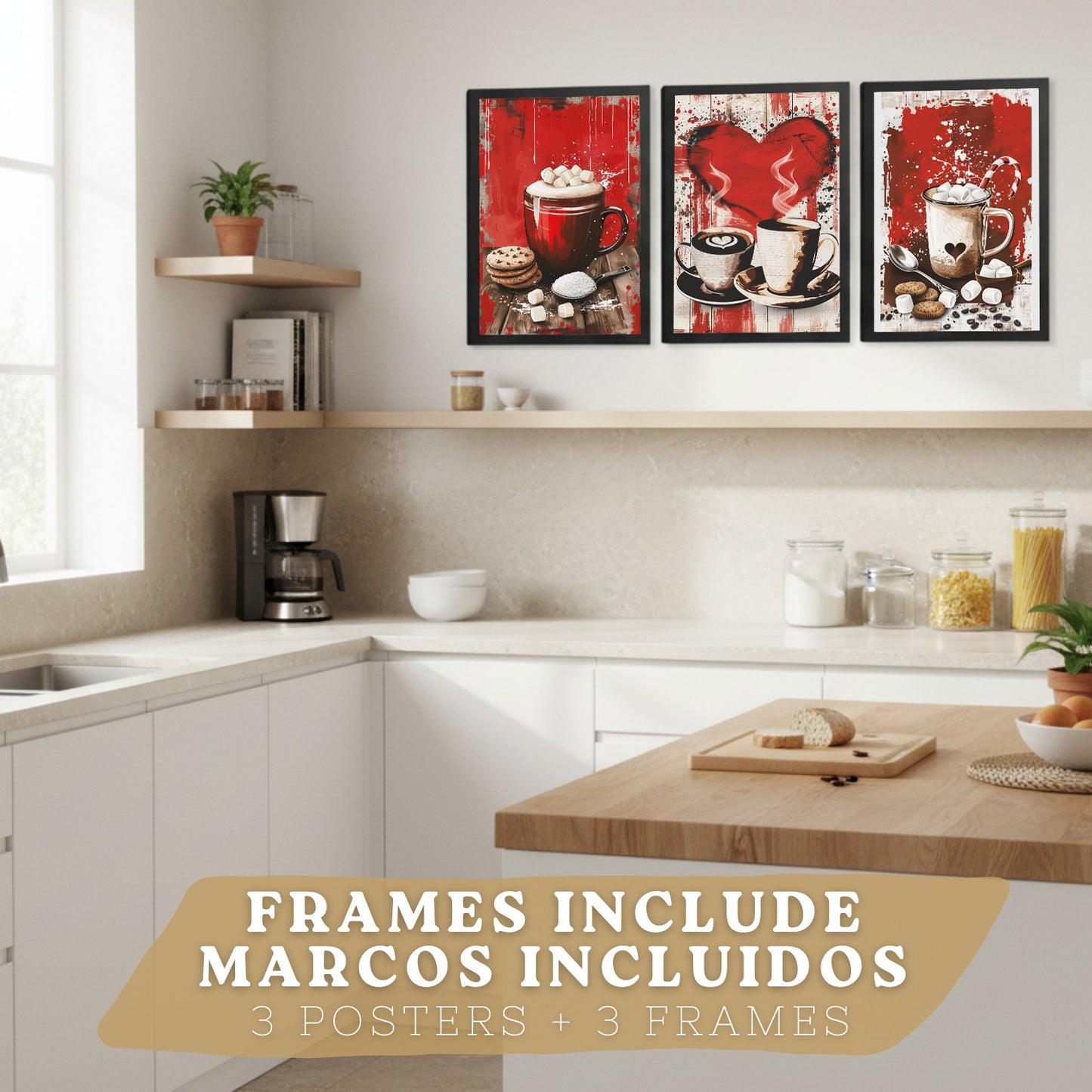 Set de 3 Láminas Chocolate y Café Pop Art Cuadros Cocina Tazas Marshmallows Tonos Rojos Póster Decoración Pared Comedor