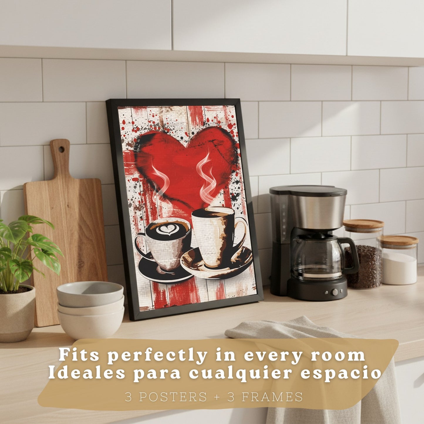 Set de 3 Láminas Chocolate y Café Pop Art Cuadros Cocina Tazas Marshmallows Tonos Rojos Póster Decoración Pared Comedor
