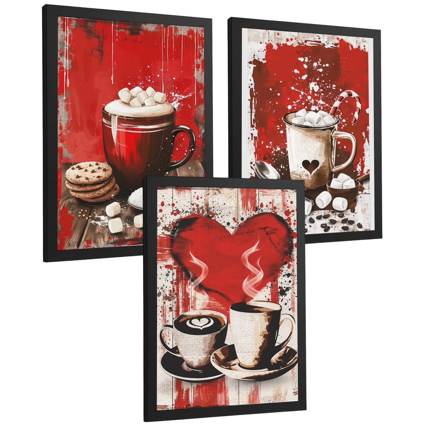 Set de 3 Láminas Chocolate y Café Pop Art Cuadros Cocina Tazas Marshmallows Tonos Rojos Póster Decoración Pared Comedor