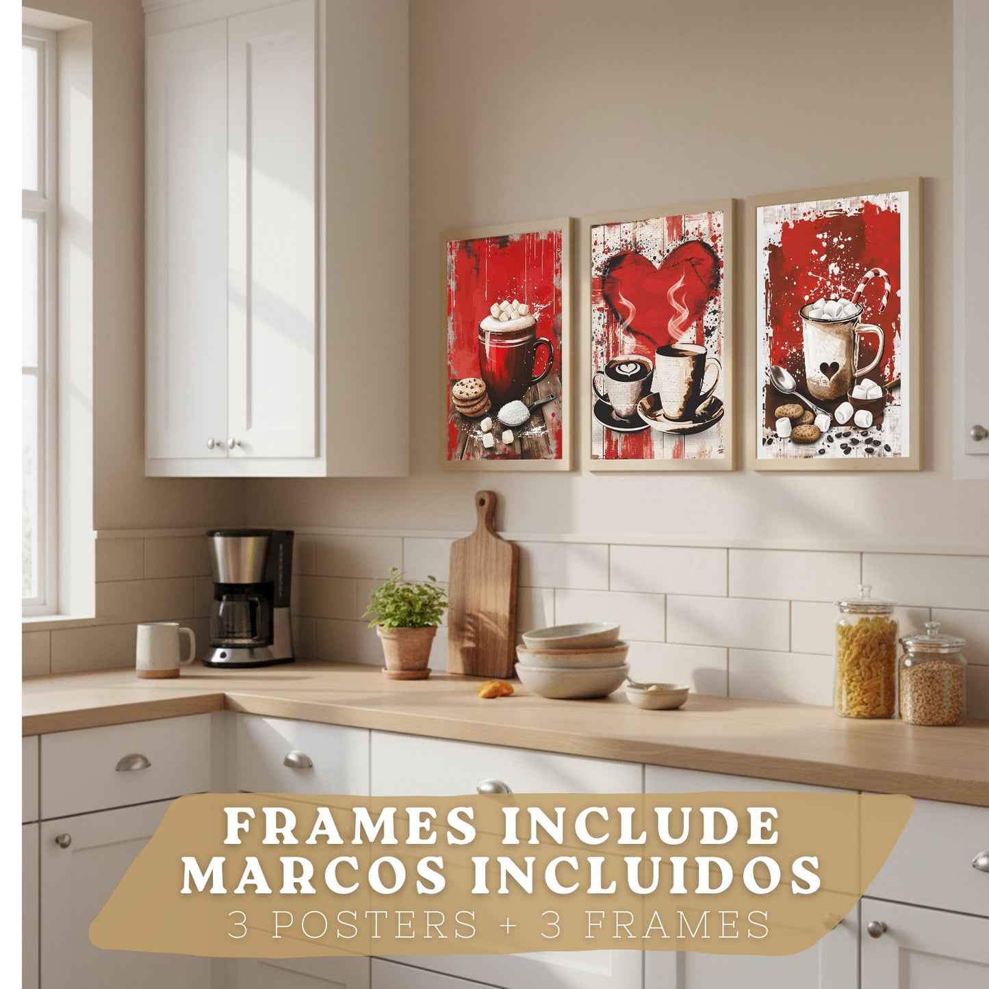 Set de 3 Láminas Chocolate y Café Pop Art Cuadros Cocina Tazas Marshmallows Tonos Rojos Póster Decoración Pared Comedor