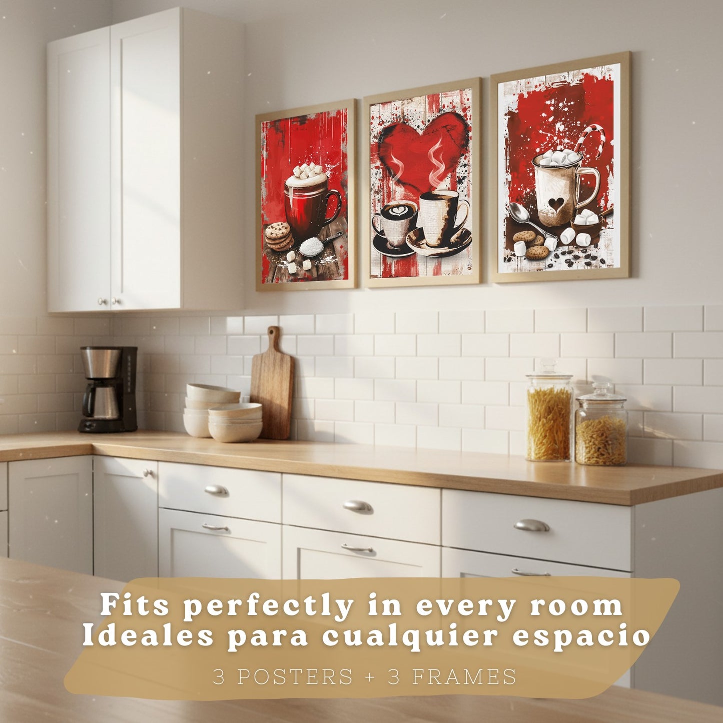 Set de 3 Láminas Chocolate y Café Pop Art Cuadros Cocina Tazas Marshmallows Tonos Rojos Póster Decoración Pared Comedor
