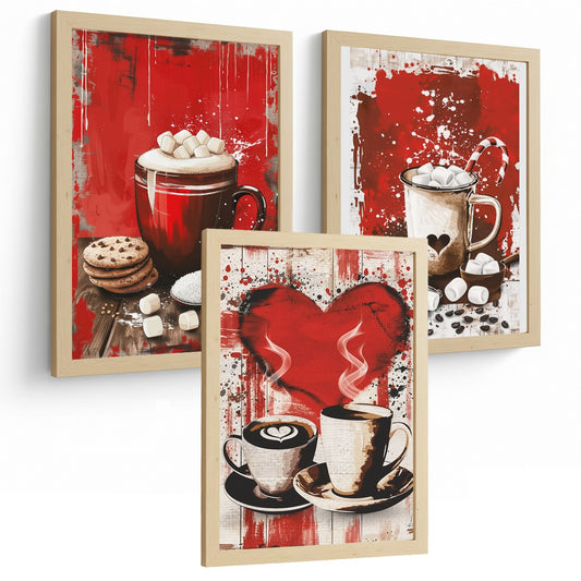 Set de 3 Láminas Chocolate y Café Pop Art Cuadros Cocina Tazas Marshmallows Tonos Rojos Póster Decoración Pared Comedor