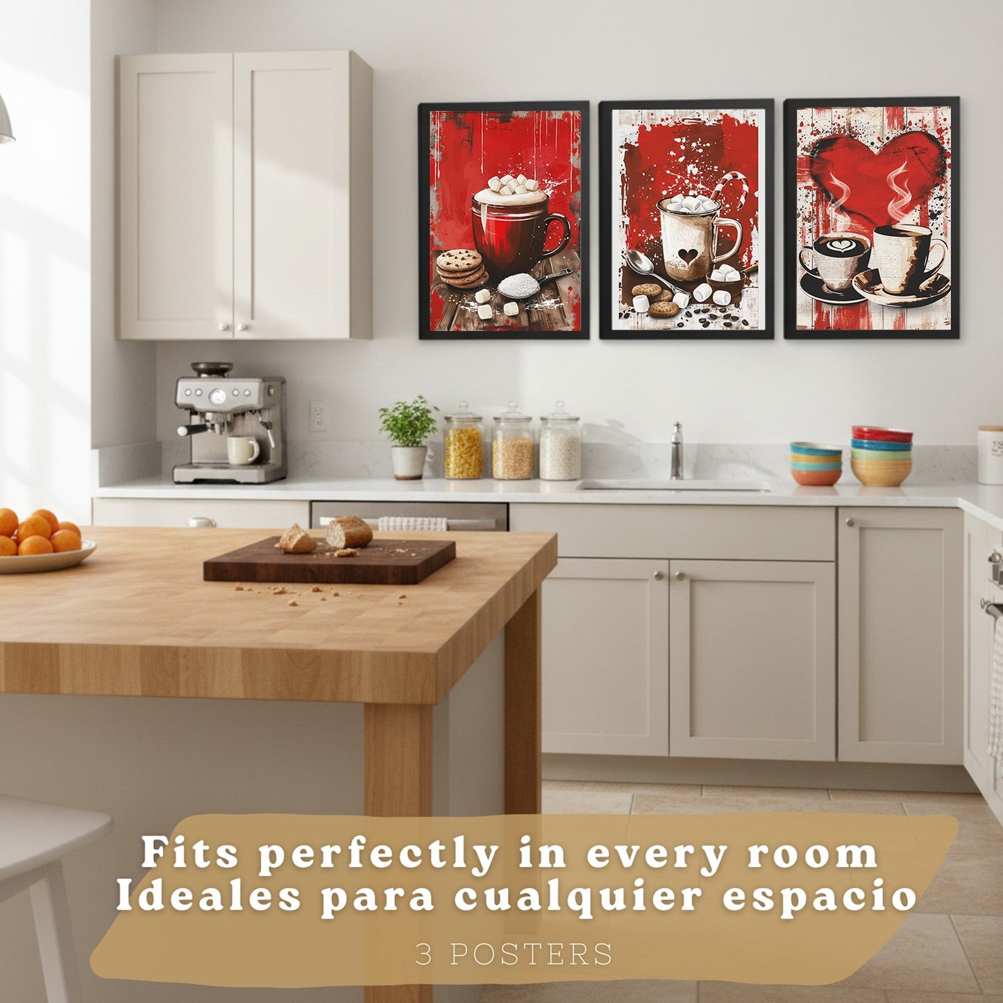 Set de 3 Láminas Chocolate y Café Pop Art Cuadros Cocina Tazas Marshmallows Tonos Rojos Póster Decoración Pared Comedor