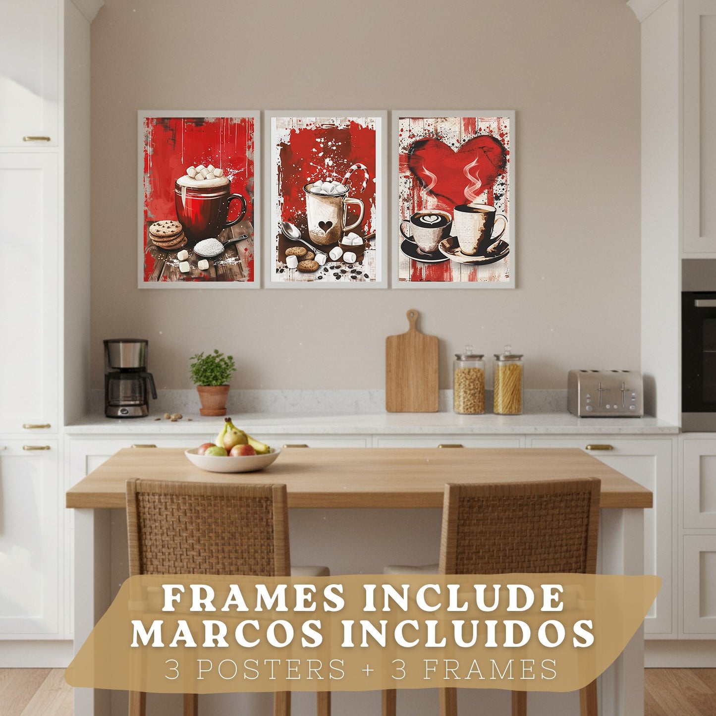 Set de 3 Láminas Chocolate y Café Pop Art Cuadros Cocina Tazas Marshmallows Tonos Rojos Póster Decoración Pared Comedor