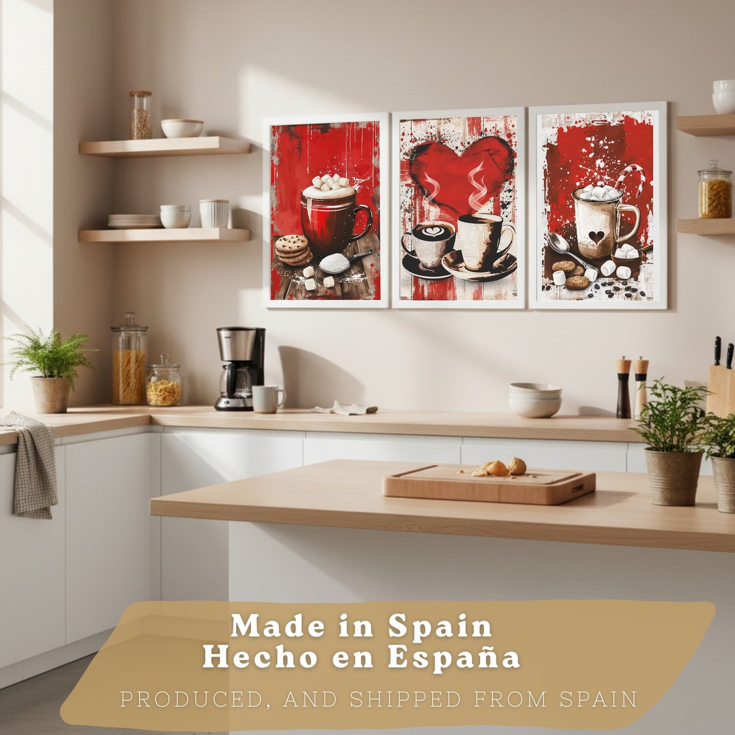 Set de 3 Láminas Chocolate y Café Pop Art Cuadros Cocina Tazas Marshmallows Tonos Rojos Póster Decoración Pared Comedor