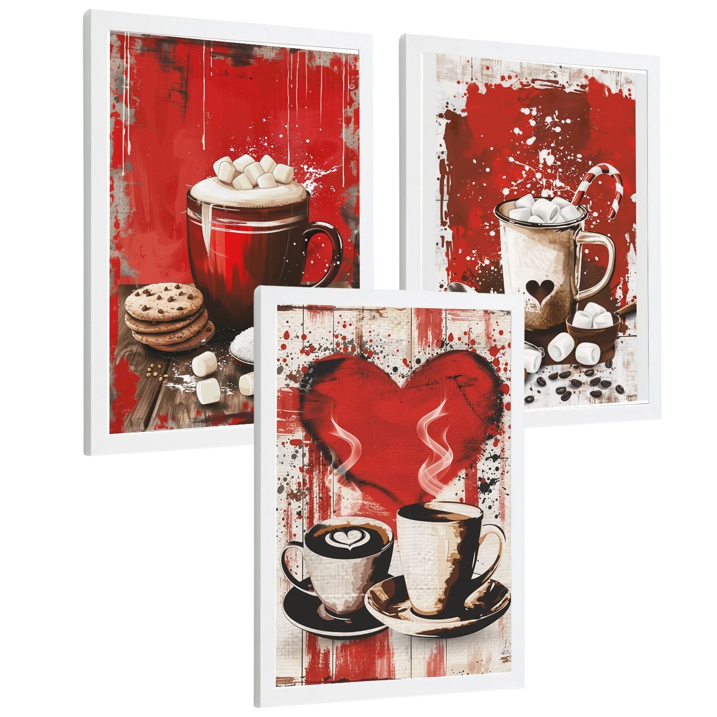 Set de 3 Láminas Chocolate y Café Pop Art Cuadros Cocina Tazas Marshmallows Tonos Rojos Póster Decoración Pared Comedor