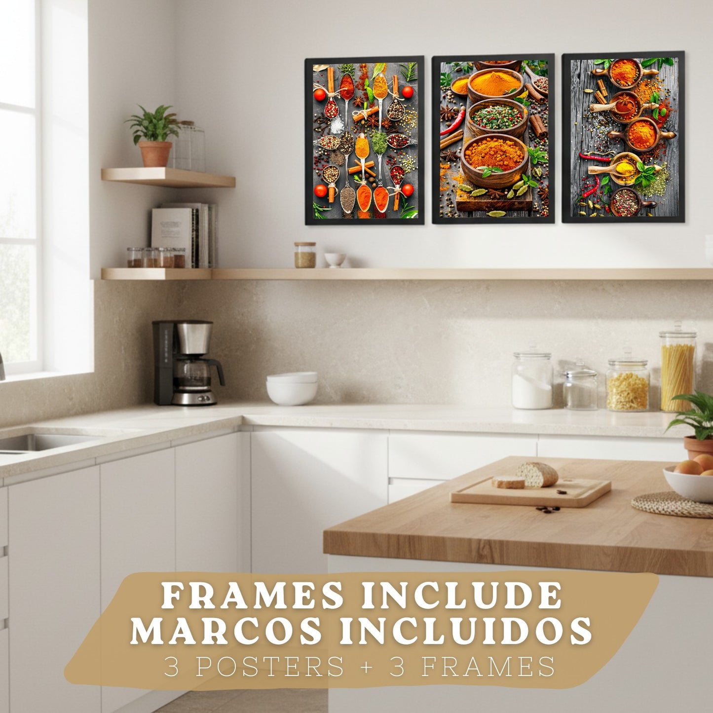 Set de 3 Láminas Especias y Condimentos Cuadros Cocina Hierbas Aromáticas Estilo Gastronómico Póster Decoración Pared