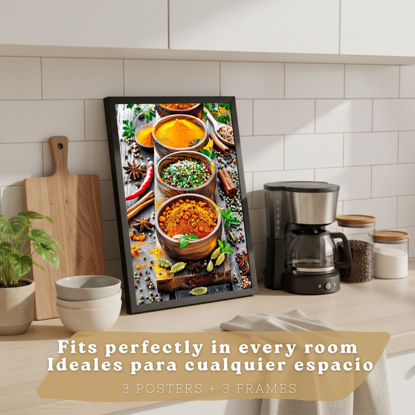 Set de 3 Láminas Especias y Condimentos Cuadros Cocina Hierbas Aromáticas Estilo Gastronómico Póster Decoración Pared