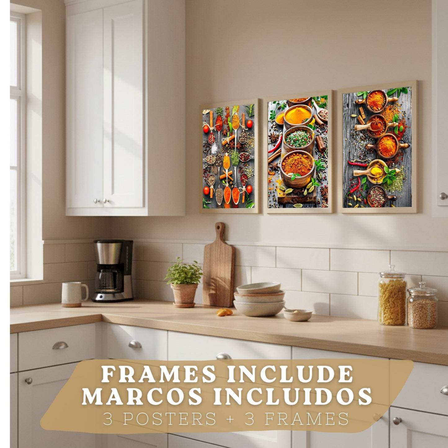 Set de 3 Láminas Especias y Condimentos Cuadros Cocina Hierbas Aromáticas Estilo Gastronómico Póster Decoración Pared