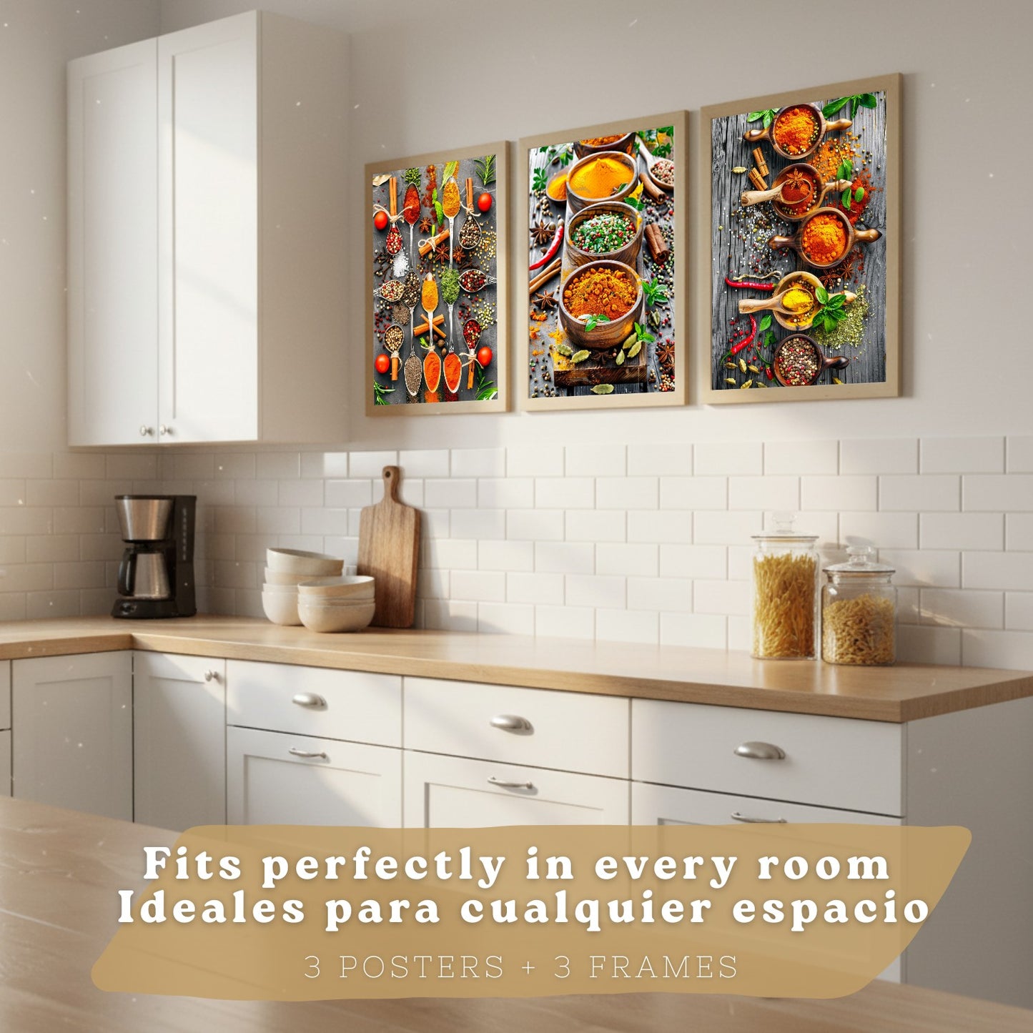 Set de 3 Láminas Especias y Condimentos Cuadros Cocina Hierbas Aromáticas Estilo Gastronómico Póster Decoración Pared