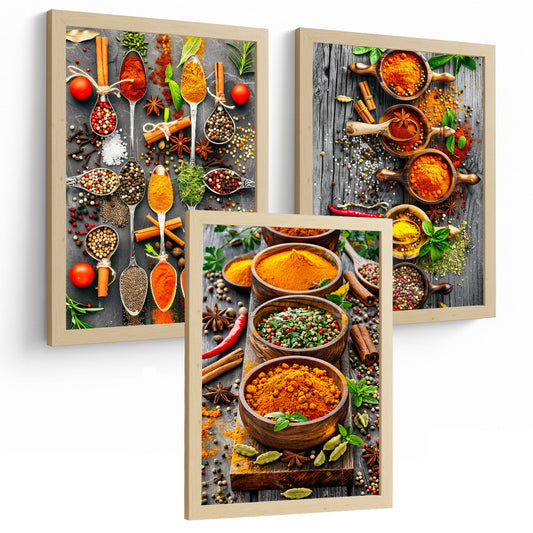 Set de 3 Láminas Especias y Condimentos Cuadros Cocina Hierbas Aromáticas Estilo Gastronómico Póster Decoración Pared