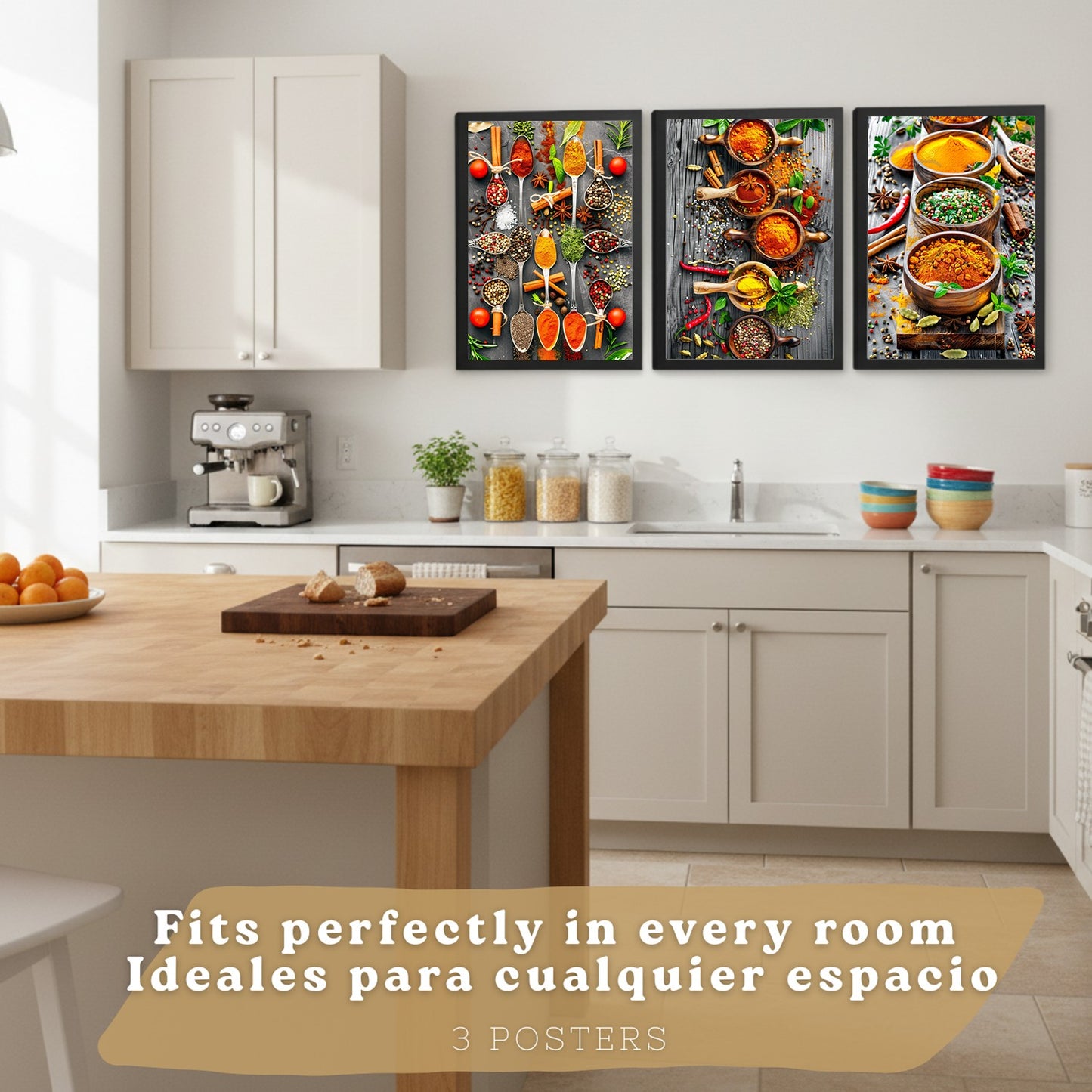 Set de 3 Láminas Especias y Condimentos Cuadros Cocina Hierbas Aromáticas Estilo Gastronómico Póster Decoración Pared