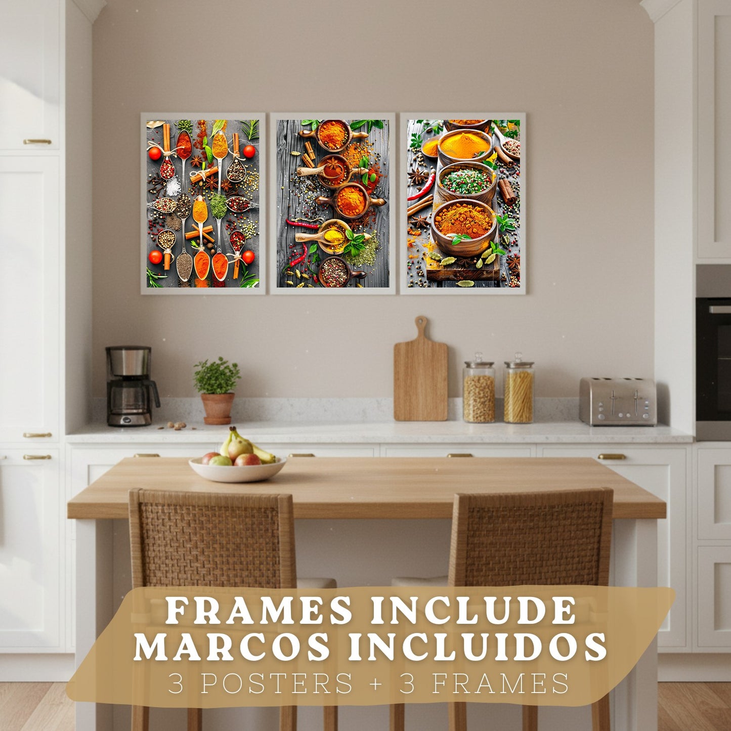 Set de 3 Láminas Especias y Condimentos Cuadros Cocina Hierbas Aromáticas Estilo Gastronómico Póster Decoración Pared