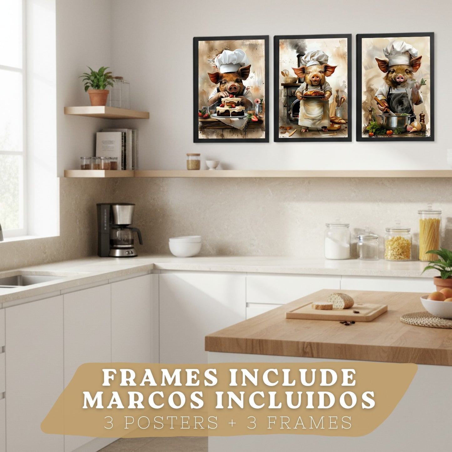 Set de 3 Láminas Cerdo Chef Pastelero Cuadros Cocina Animal Cocinero Estilo Ilustración Divertida Póster Decoración Pared