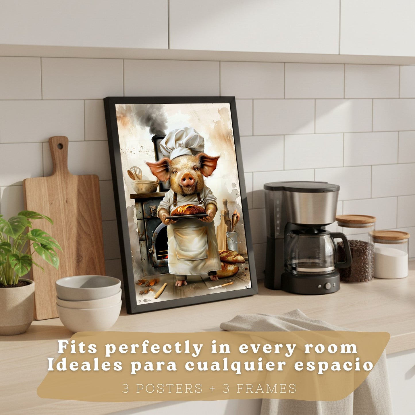 Set de 3 Láminas Cerdo Chef Pastelero Cuadros Cocina Animal Cocinero Estilo Ilustración Divertida Póster Decoración Pared