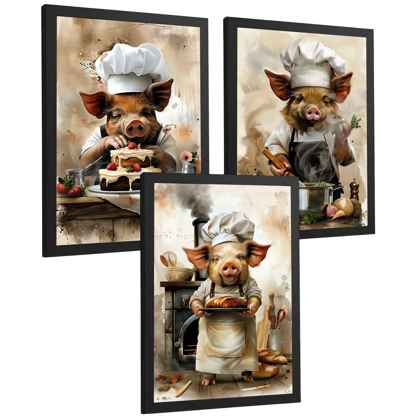 Set de 3 Láminas Cerdo Chef Pastelero Cuadros Cocina Animal Cocinero Estilo Ilustración Divertida Póster Decoración Pared