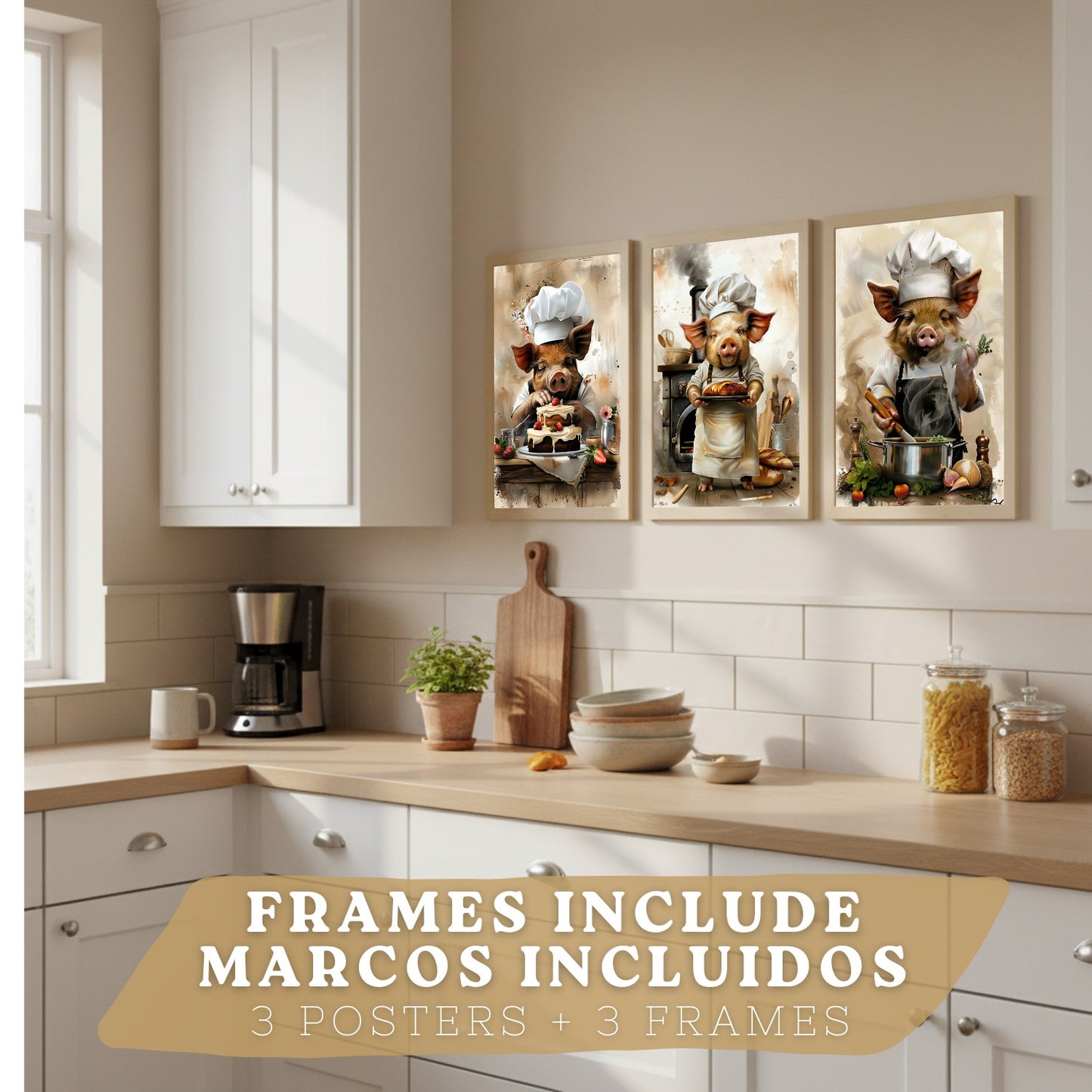 Set de 3 Láminas Cerdo Chef Pastelero Cuadros Cocina Animal Cocinero Estilo Ilustración Divertida Póster Decoración Pared