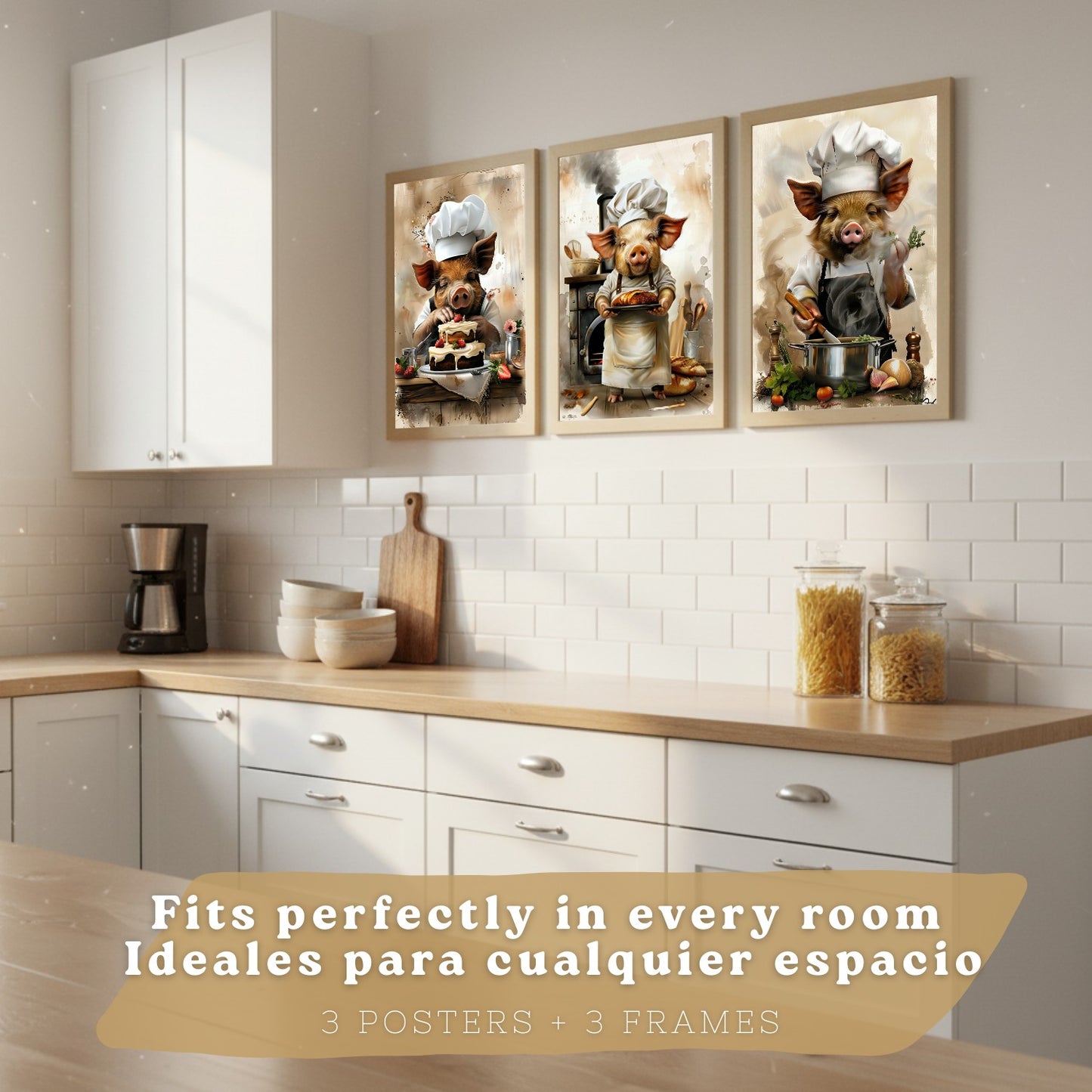 Set de 3 Láminas Cerdo Chef Pastelero Cuadros Cocina Animal Cocinero Estilo Ilustración Divertida Póster Decoración Pared