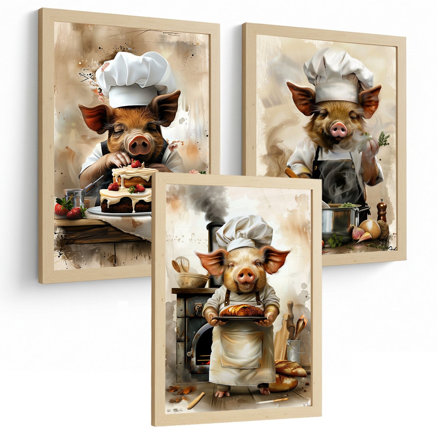 Set de 3 Láminas Cerdo Chef Pastelero Cuadros Cocina Animal Cocinero Estilo Ilustración Divertida Póster Decoración Pared