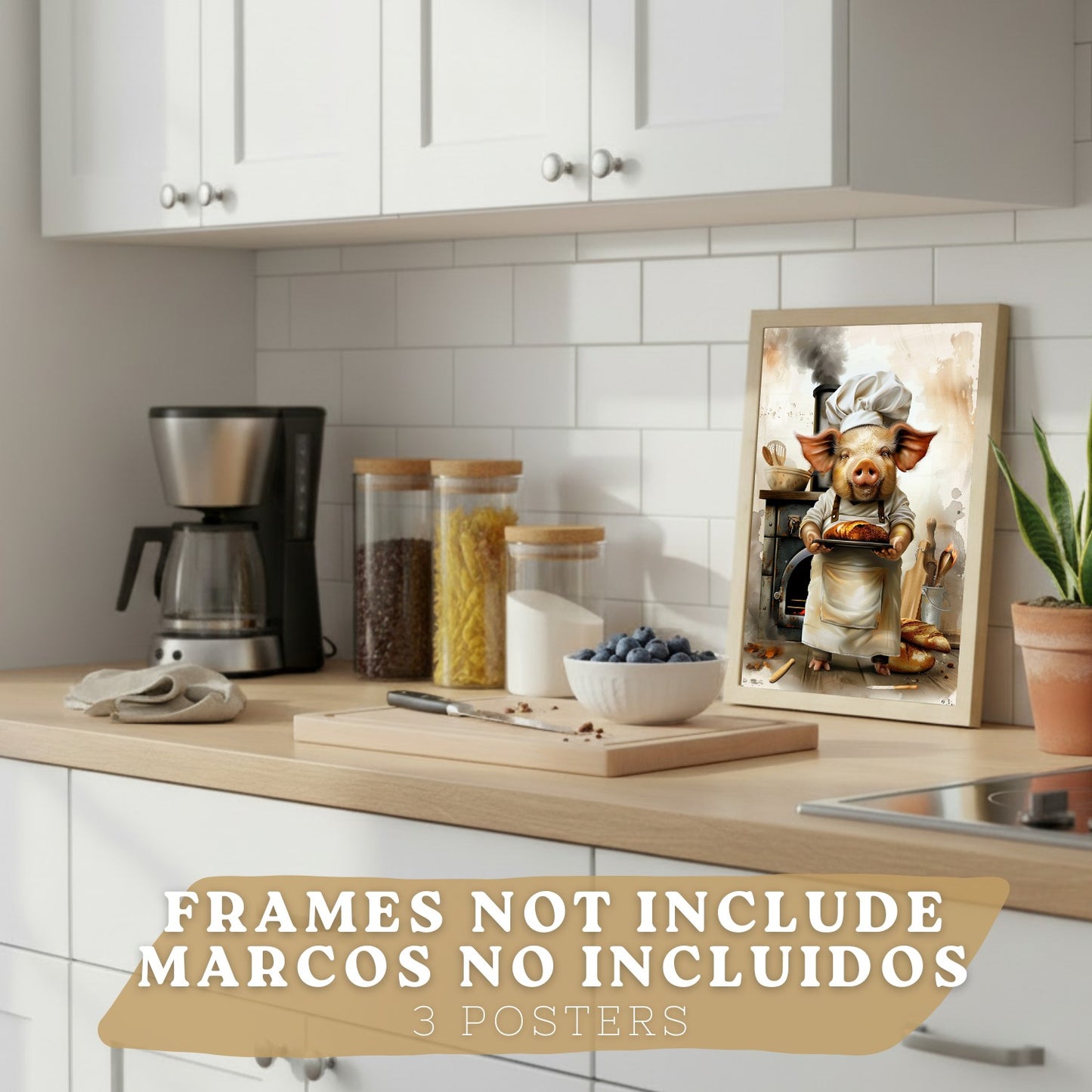 Set de 3 Láminas Cerdo Chef Pastelero Cuadros Cocina Animal Cocinero Estilo Ilustración Divertida Póster Decoración Pared