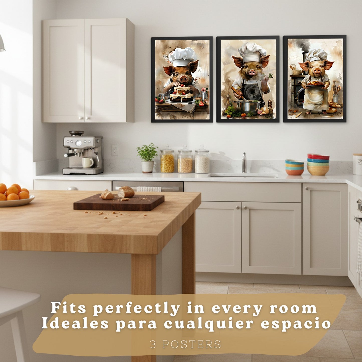 Set de 3 Láminas Cerdo Chef Pastelero Cuadros Cocina Animal Cocinero Estilo Ilustración Divertida Póster Decoración Pared