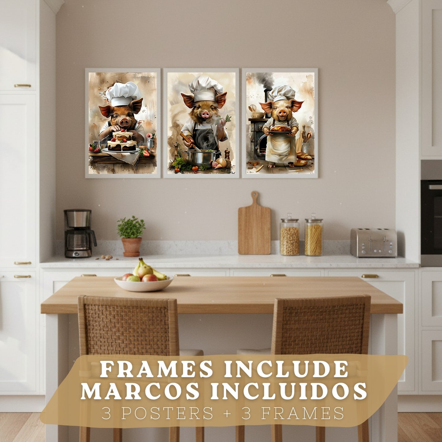 Set de 3 Láminas Cerdo Chef Pastelero Cuadros Cocina Animal Cocinero Estilo Ilustración Divertida Póster Decoración Pared