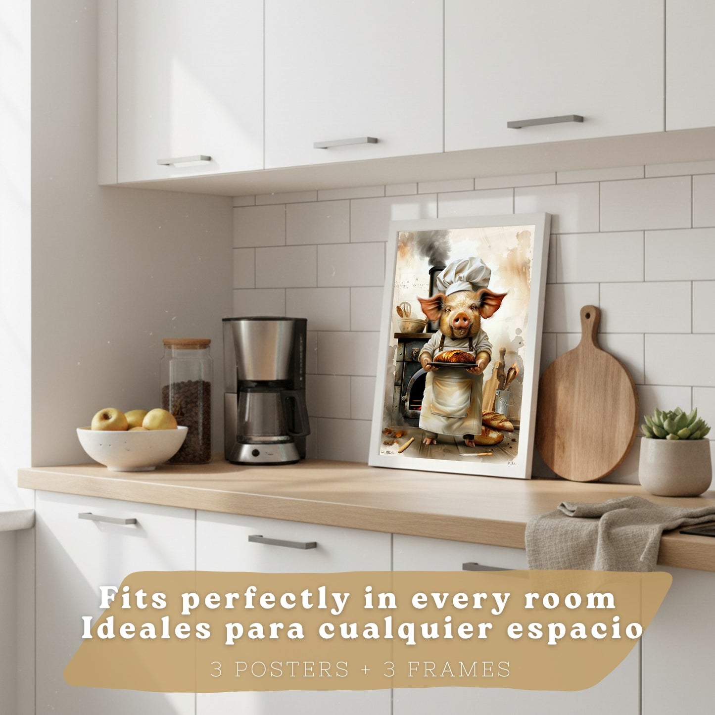 Set de 3 Láminas Cerdo Chef Pastelero Cuadros Cocina Animal Cocinero Estilo Ilustración Divertida Póster Decoración Pared
