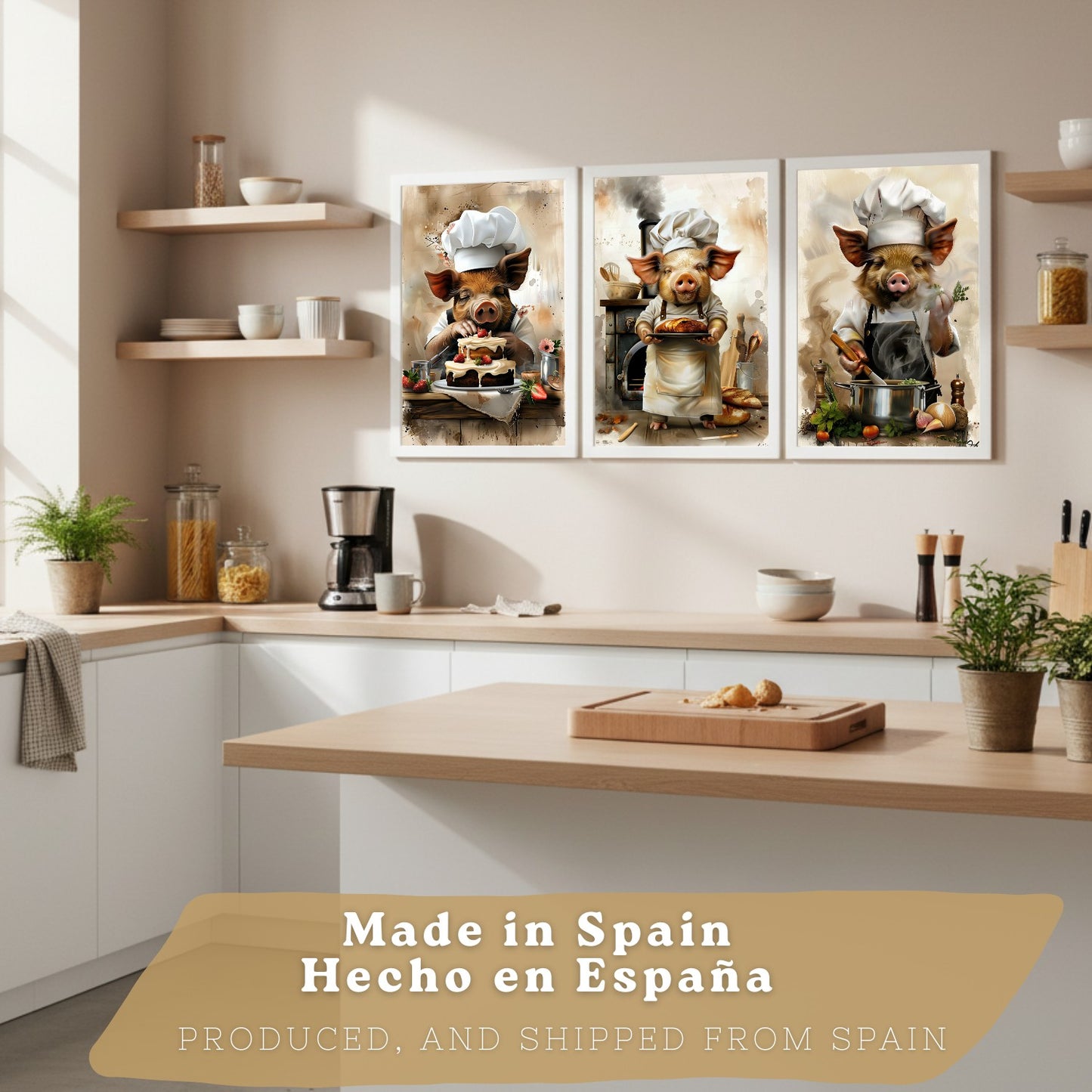 Set de 3 Láminas Cerdo Chef Pastelero Cuadros Cocina Animal Cocinero Estilo Ilustración Divertida Póster Decoración Pared