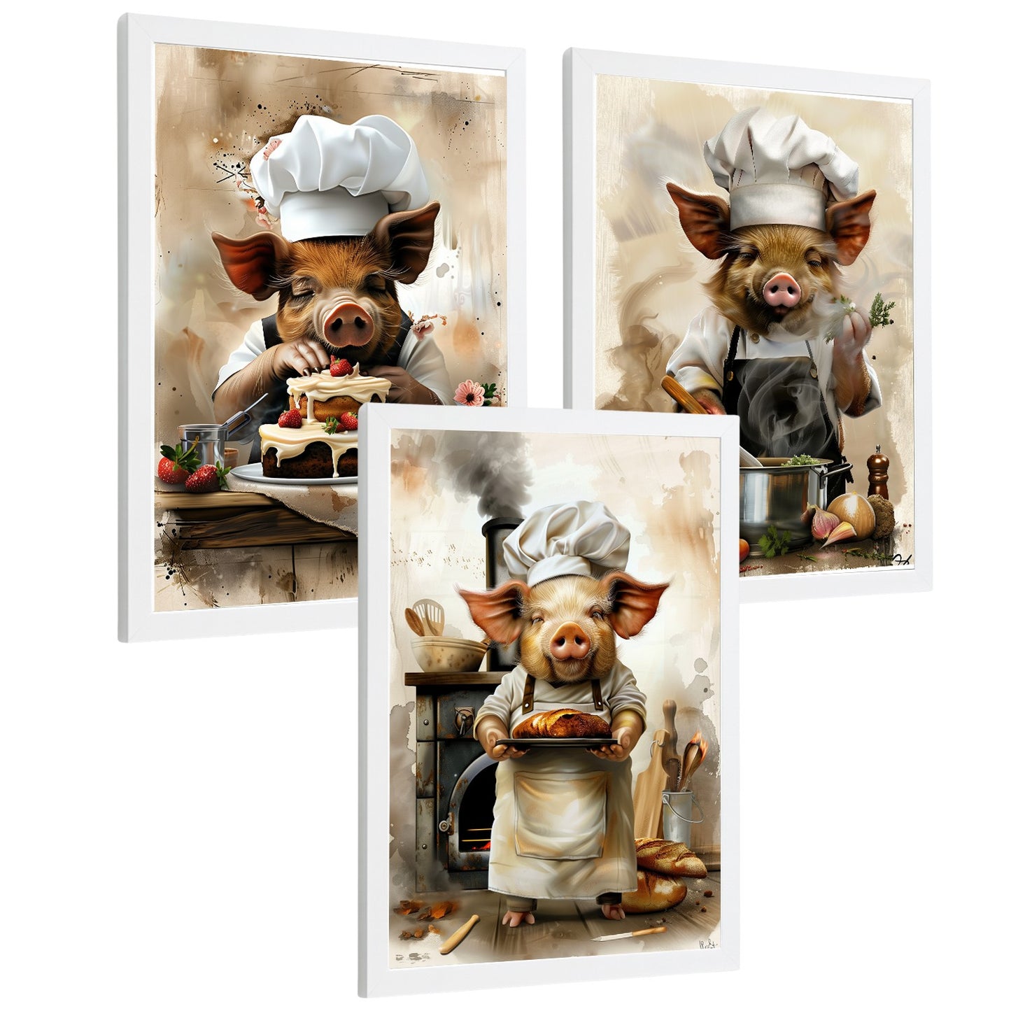 Set de 3 Láminas Cerdo Chef Pastelero Cuadros Cocina Animal Cocinero Estilo Ilustración Divertida Póster Decoración Pared