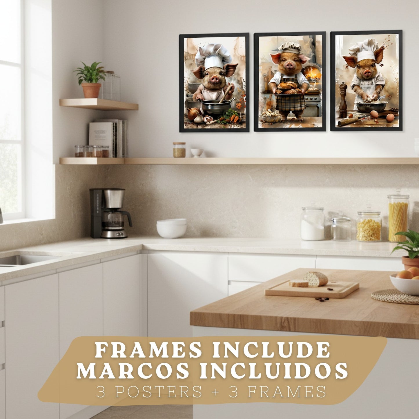 Set de 3 Láminas Cerdo Panadero Cuadros Cocina Animal Chef Amasando Pan Estilo Ilustración Póster Decoración Pared Comedor