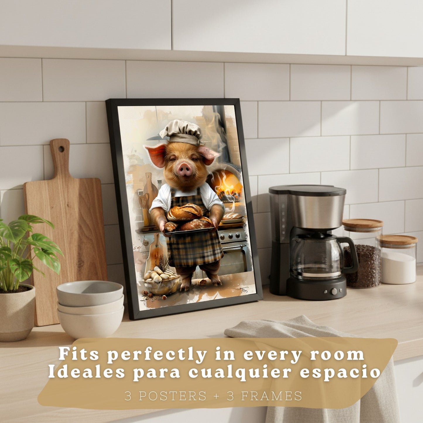 Set de 3 Láminas Cerdo Panadero Cuadros Cocina Animal Chef Amasando Pan Estilo Ilustración Póster Decoración Pared Comedor