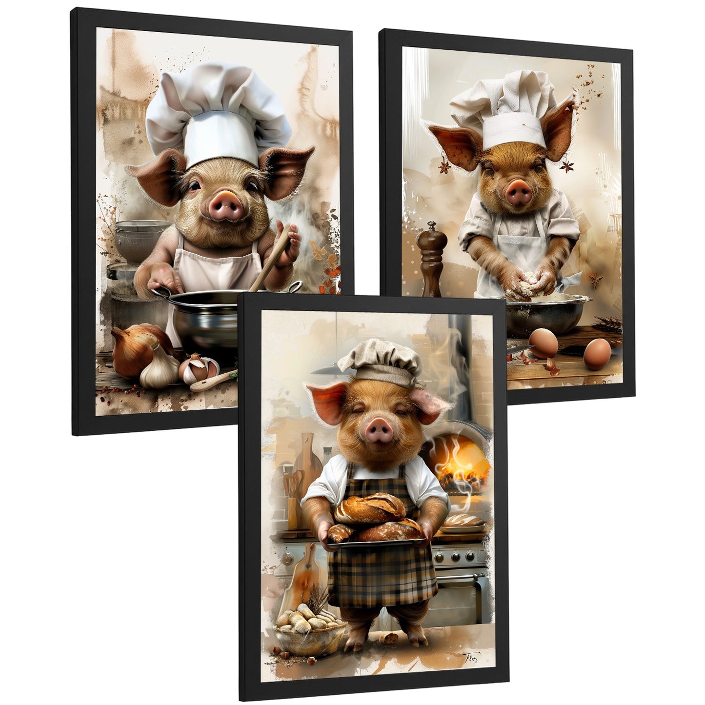 Set de 3 Láminas Cerdo Panadero Cuadros Cocina Animal Chef Amasando Pan Estilo Ilustración Póster Decoración Pared Comedor