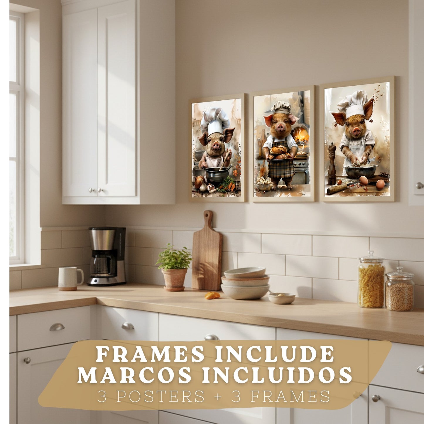 Set de 3 Láminas Cerdo Panadero Cuadros Cocina Animal Chef Amasando Pan Estilo Ilustración Póster Decoración Pared Comedor