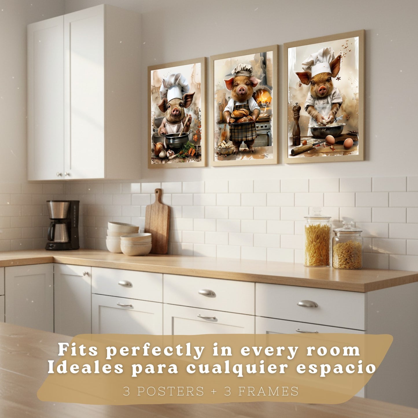 Set de 3 Láminas Cerdo Panadero Cuadros Cocina Animal Chef Amasando Pan Estilo Ilustración Póster Decoración Pared Comedor