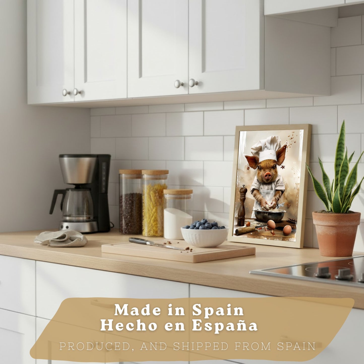 Set de 3 Láminas Cerdo Panadero Cuadros Cocina Animal Chef Amasando Pan Estilo Ilustración Póster Decoración Pared Comedor