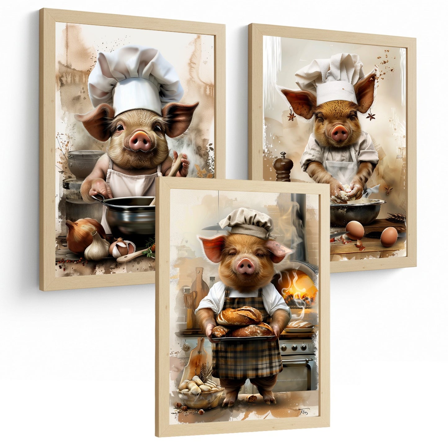 Set de 3 Láminas Cerdo Panadero Cuadros Cocina Animal Chef Amasando Pan Estilo Ilustración Póster Decoración Pared Comedor