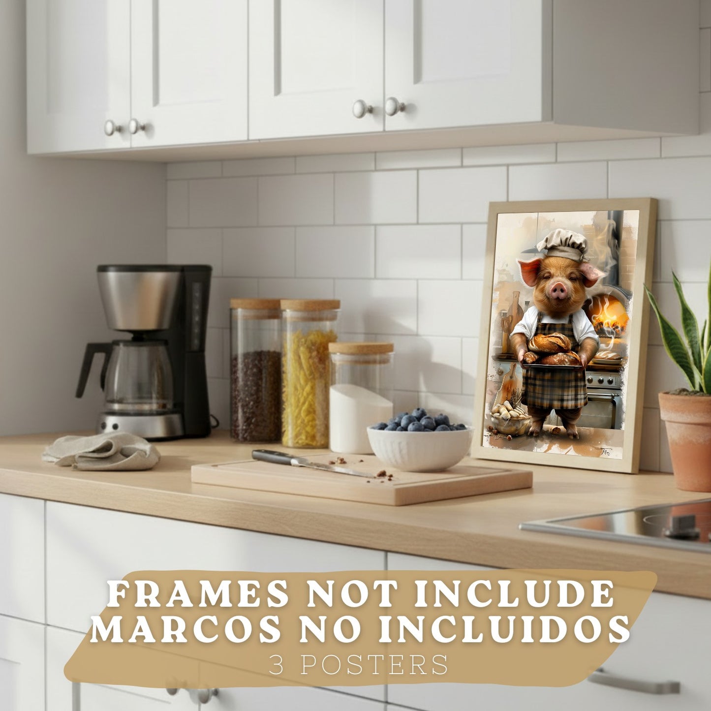 Set de 3 Láminas Cerdo Panadero Cuadros Cocina Animal Chef Amasando Pan Estilo Ilustración Póster Decoración Pared Comedor