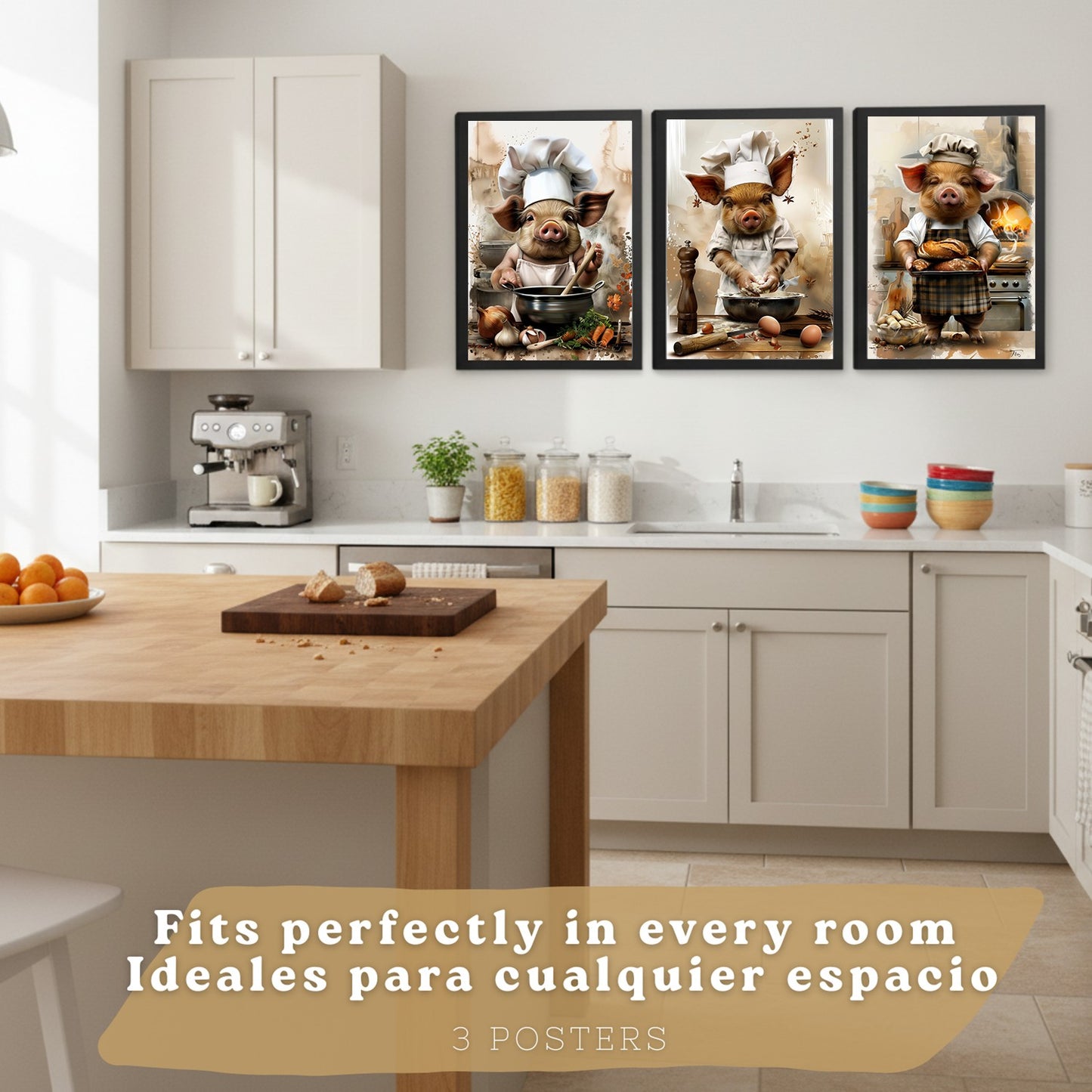 Set de 3 Láminas Cerdo Panadero Cuadros Cocina Animal Chef Amasando Pan Estilo Ilustración Póster Decoración Pared Comedor
