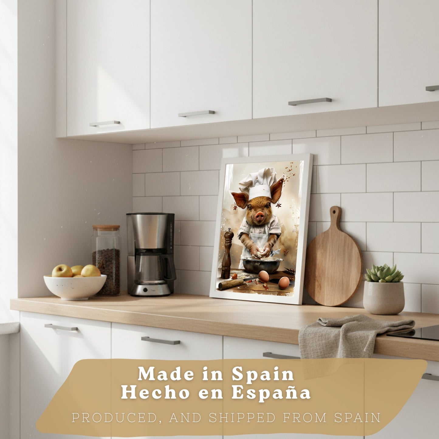 Set de 3 Láminas Cerdo Panadero Cuadros Cocina Animal Chef Amasando Pan Estilo Ilustración Póster Decoración Pared Comedor