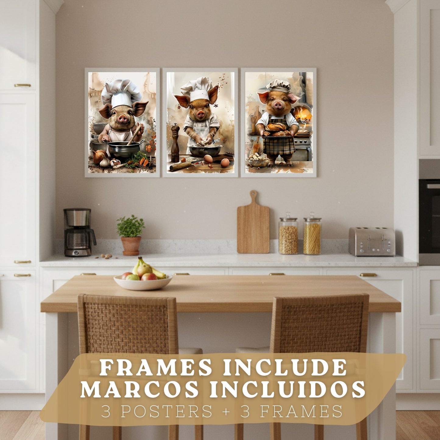 Set de 3 Láminas Cerdo Panadero Cuadros Cocina Animal Chef Amasando Pan Estilo Ilustración Póster Decoración Pared Comedor