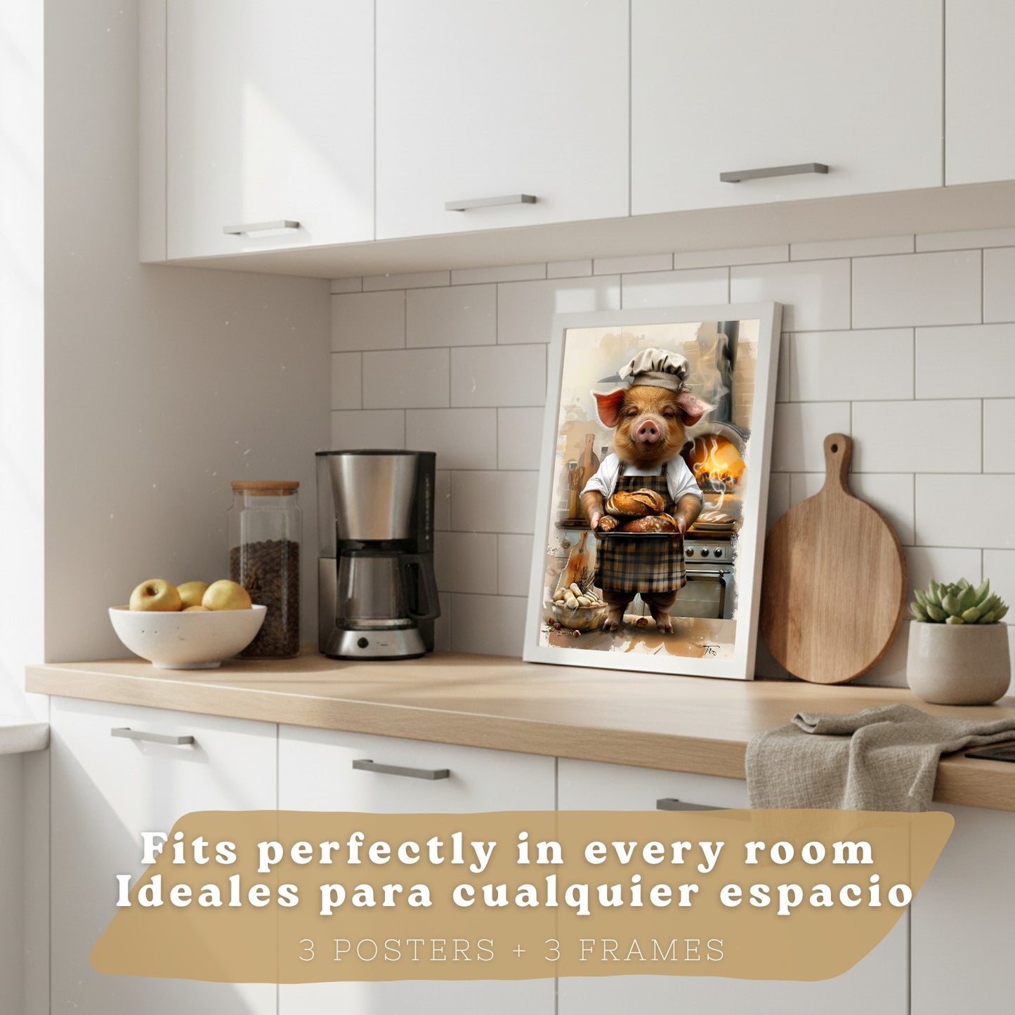 Set de 3 Láminas Cerdo Panadero Cuadros Cocina Animal Chef Amasando Pan Estilo Ilustración Póster Decoración Pared Comedor