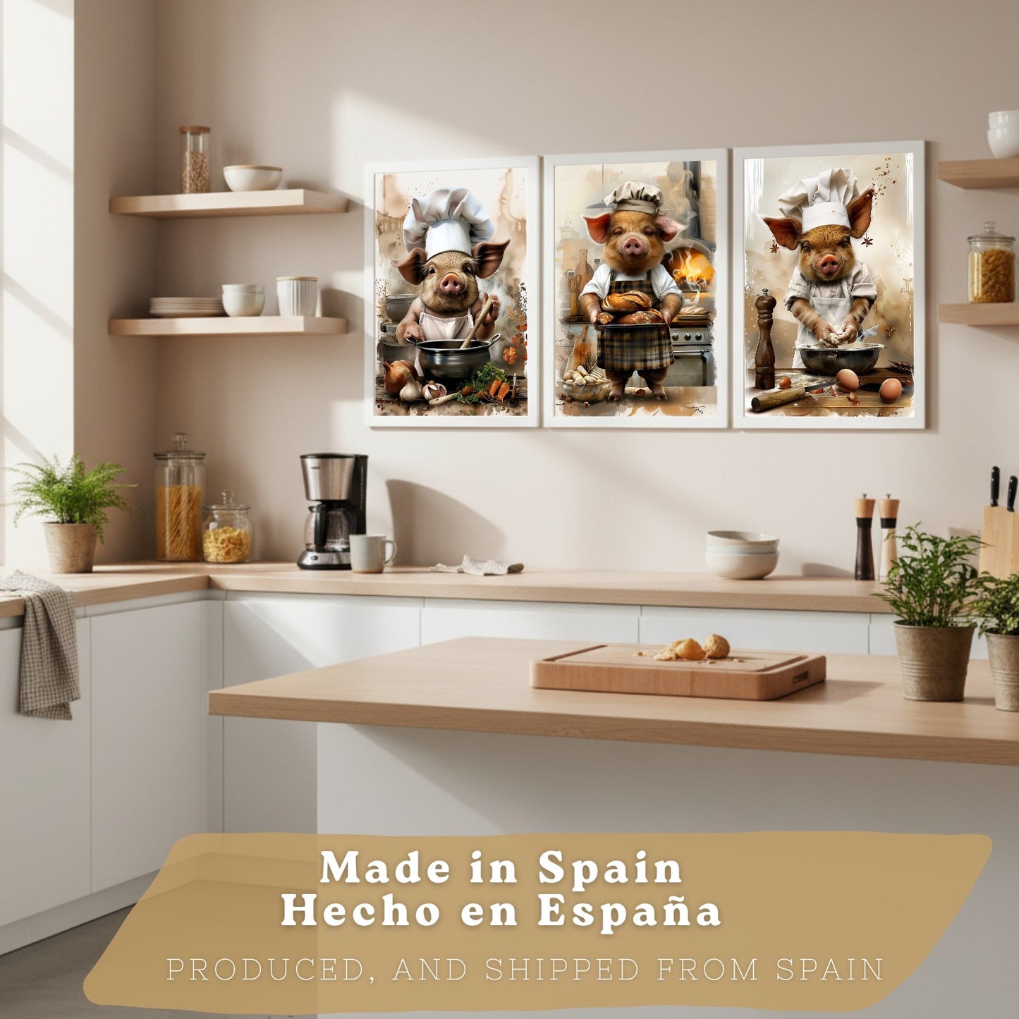 Set de 3 Láminas Cerdo Panadero Cuadros Cocina Animal Chef Amasando Pan Estilo Ilustración Póster Decoración Pared Comedor