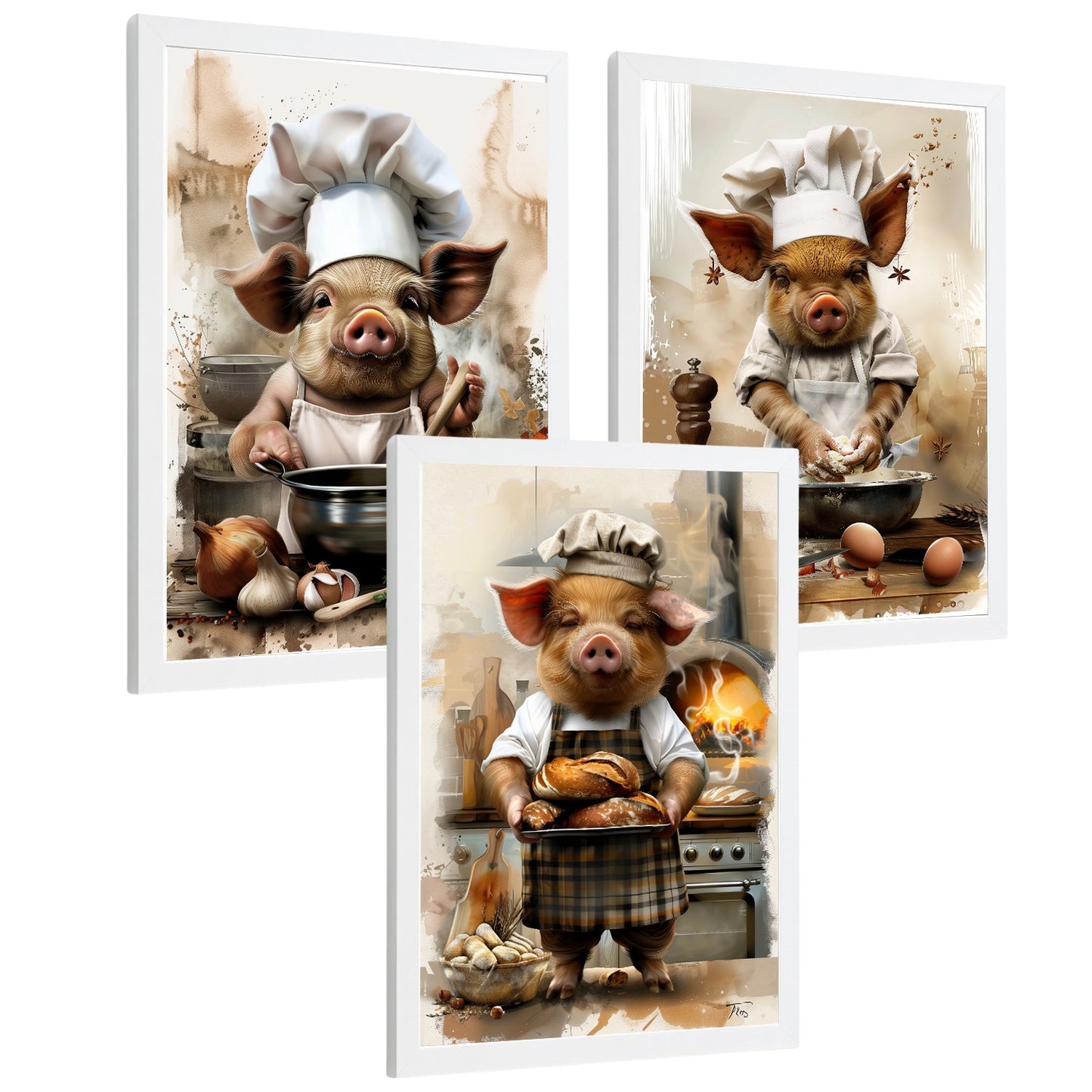 Set de 3 Láminas Cerdo Panadero Cuadros Cocina Animal Chef Amasando Pan Estilo Ilustración Póster Decoración Pared Comedor