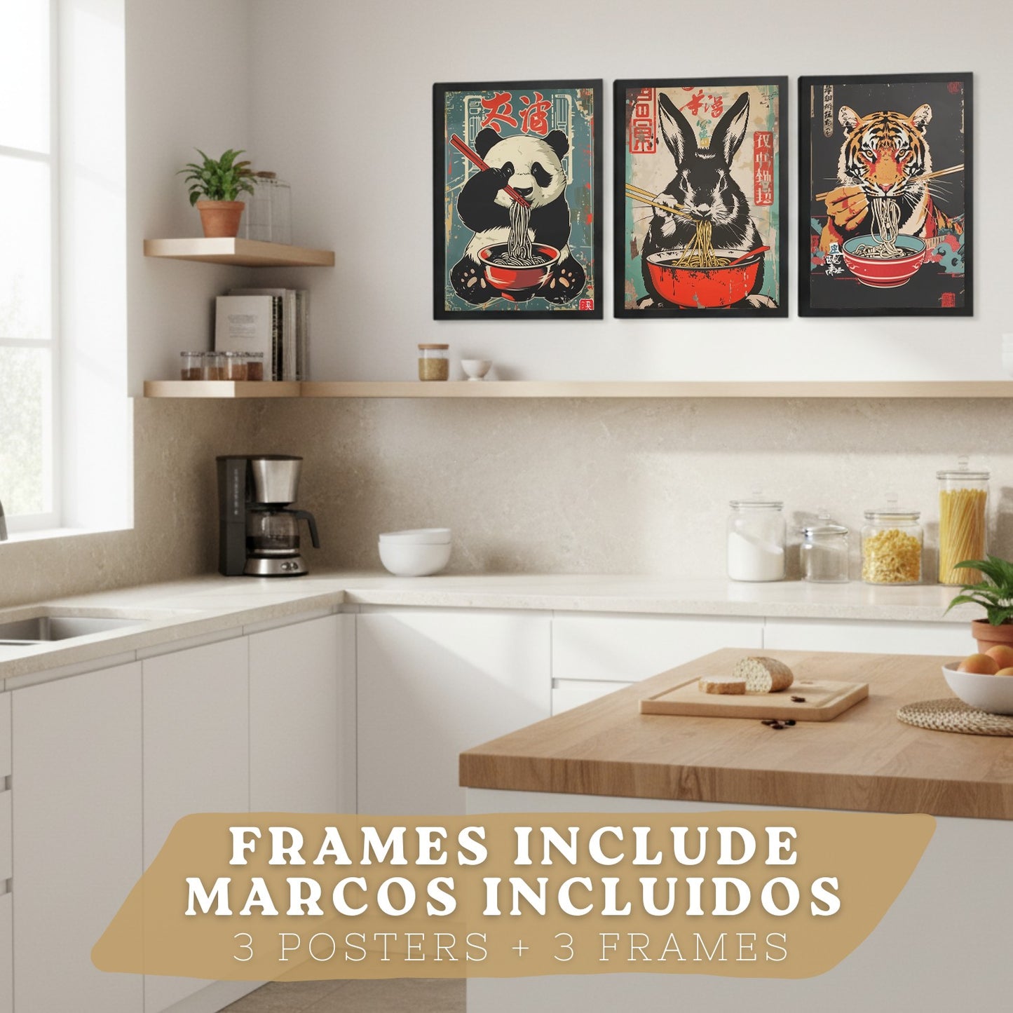 Set de 3 Láminas Animales Ramen Japonés Cuadros Cocina Panda Tigre y Conejo Comiendo Noodles Póster Decoración Pared