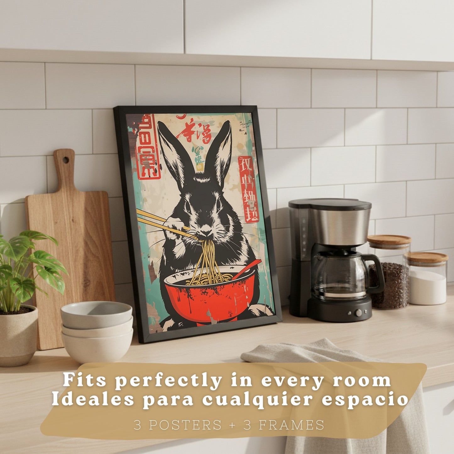 Set de 3 Láminas Animales Ramen Japonés Cuadros Cocina Panda Tigre y Conejo Comiendo Noodles Póster Decoración Pared